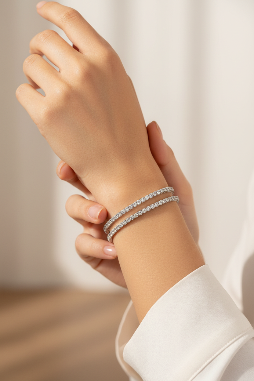 Classic Slim Halo Pair with Premium Rhodium Finish Diamond Bangle
