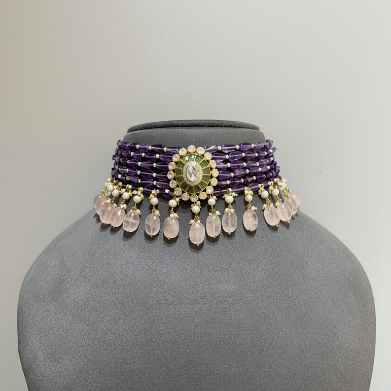 Multi-Strand Amethyst with Rose Quartz & Matching Studs Choker
