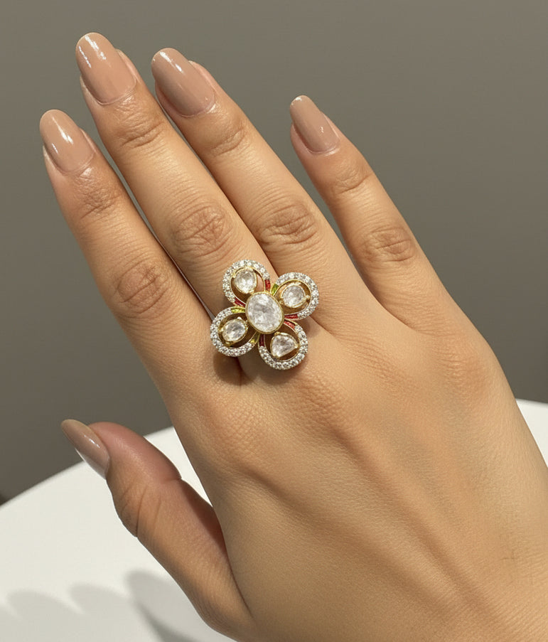 Floral Clover Moissanite Polki Ring