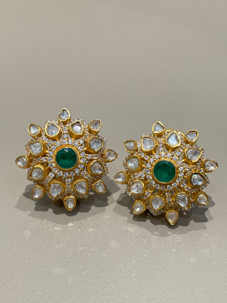 925 Silver Emerald Floral Polki Earrings