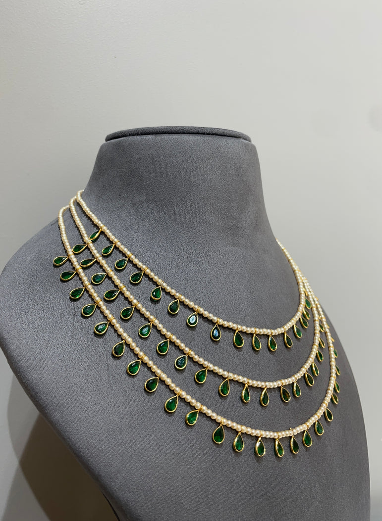 925 Silver Emerald Triple Line Mala