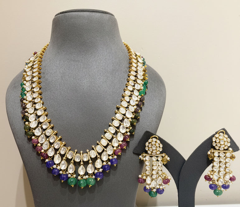 Dual-Strand Moissanite Polki & Multi-Gemstone Bead Long Set