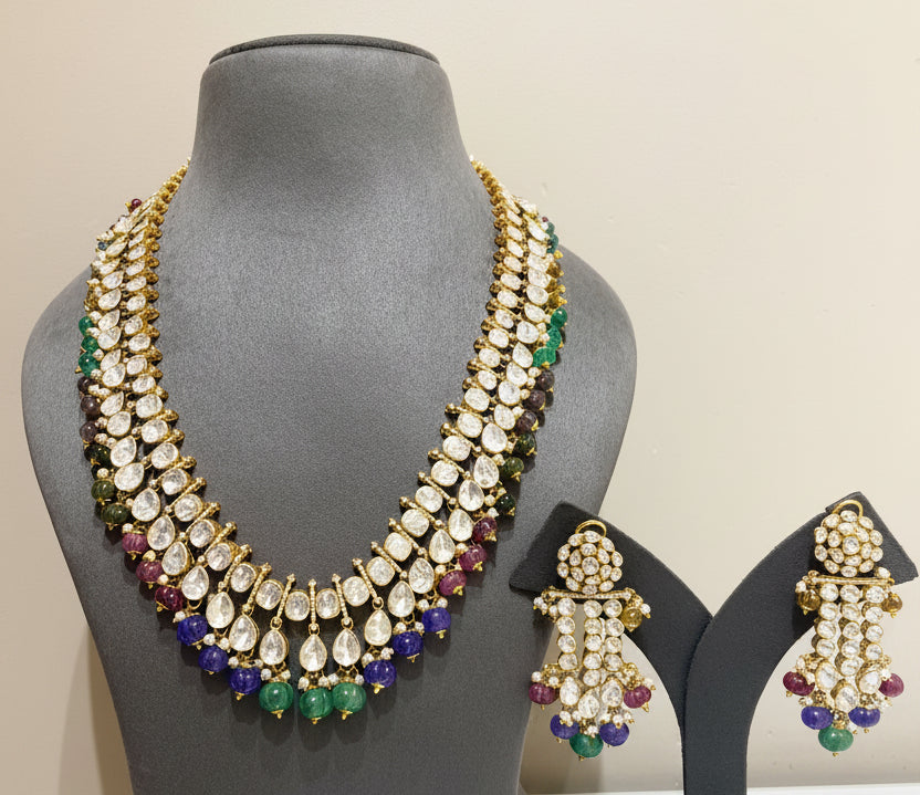 Dual-Strand Moissanite Polki & Multi-Gemstone Bead Long Set