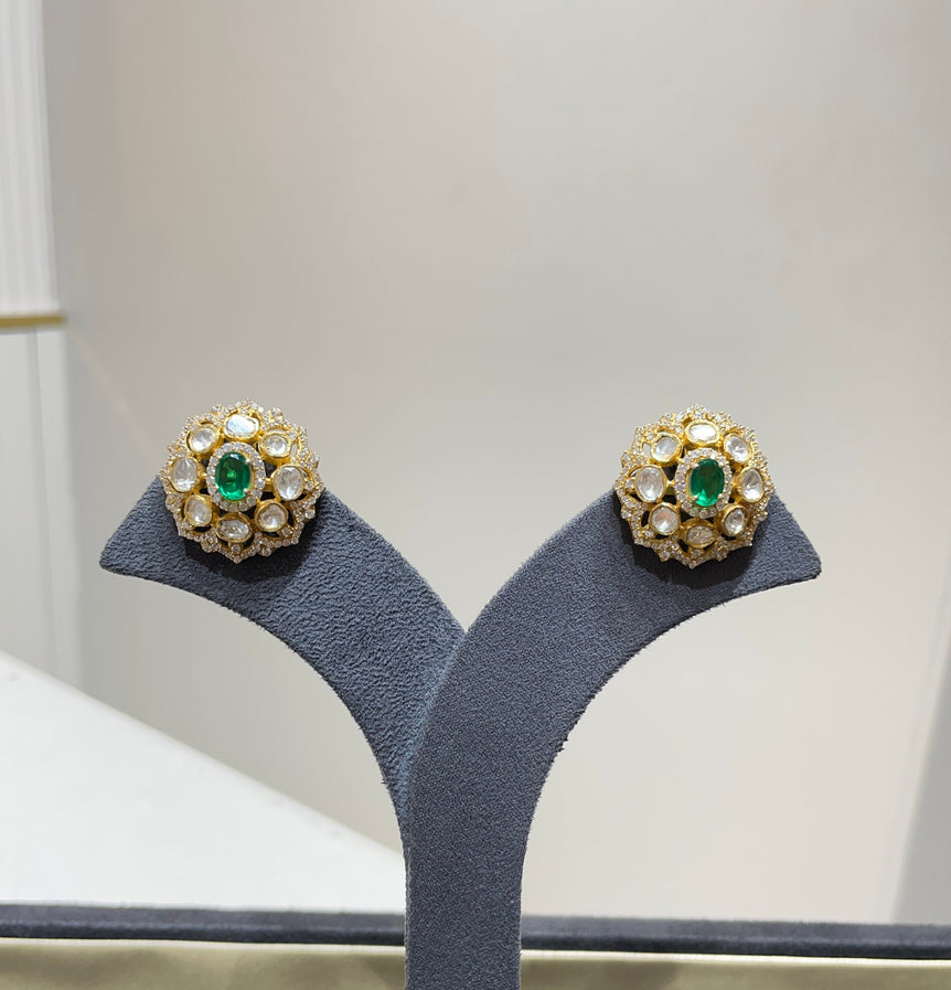 925 Silver Green Stone Polki Earrings
