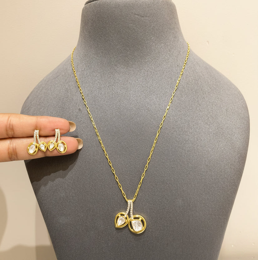 Dual Pear-Cut Moissanite Polki Cherry Charm Chain Pendant Set