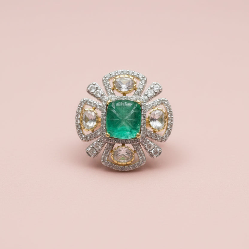 Royal Emerald Gemstone & Moissanite Diamond Floral Cocktail Ring
