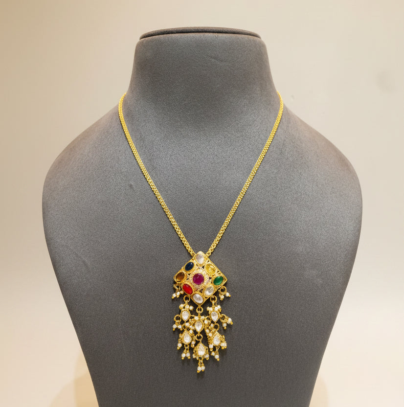 Navratna Diamond-Shaped Medallion Pendant Set