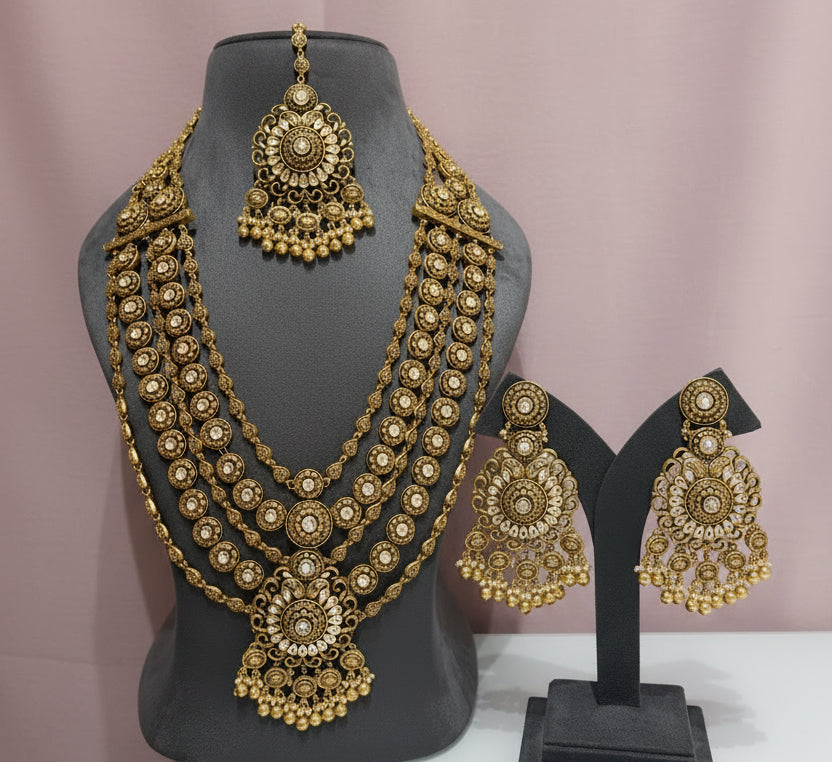 Antique Gold 5-Layer Wheel Coin Panchlada Long Bridal Set