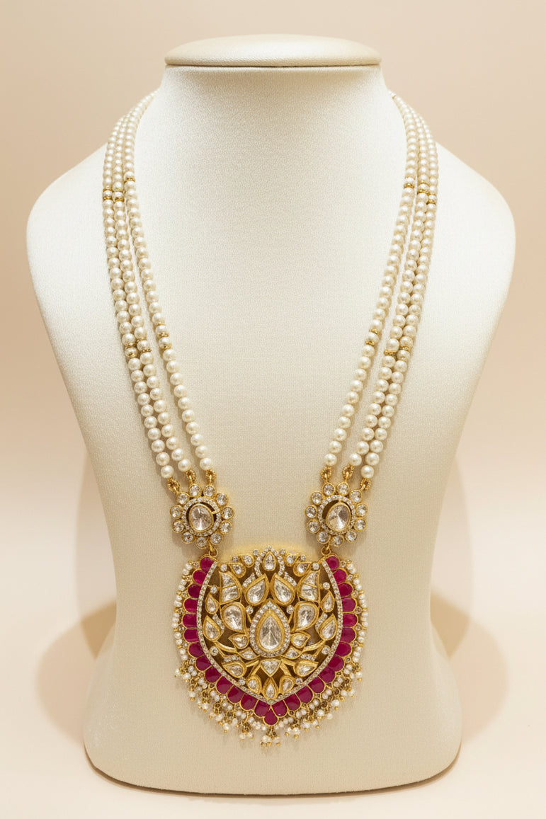 Three-Strand Pearl with Moissanite Polki Set