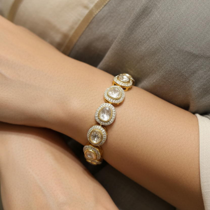 Royal Solitaire-Framed Moissanite Polki Tennis Bracelet