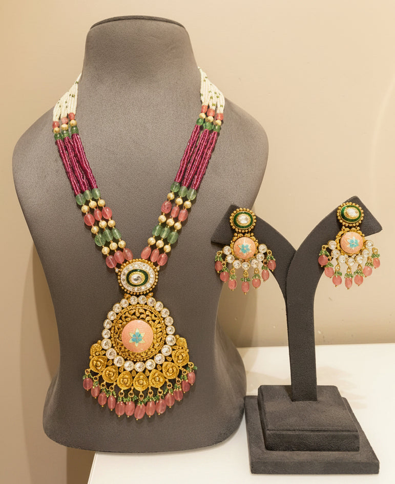 Pastel Pink Meenakari & Moissanite Polki Statement Long Set
