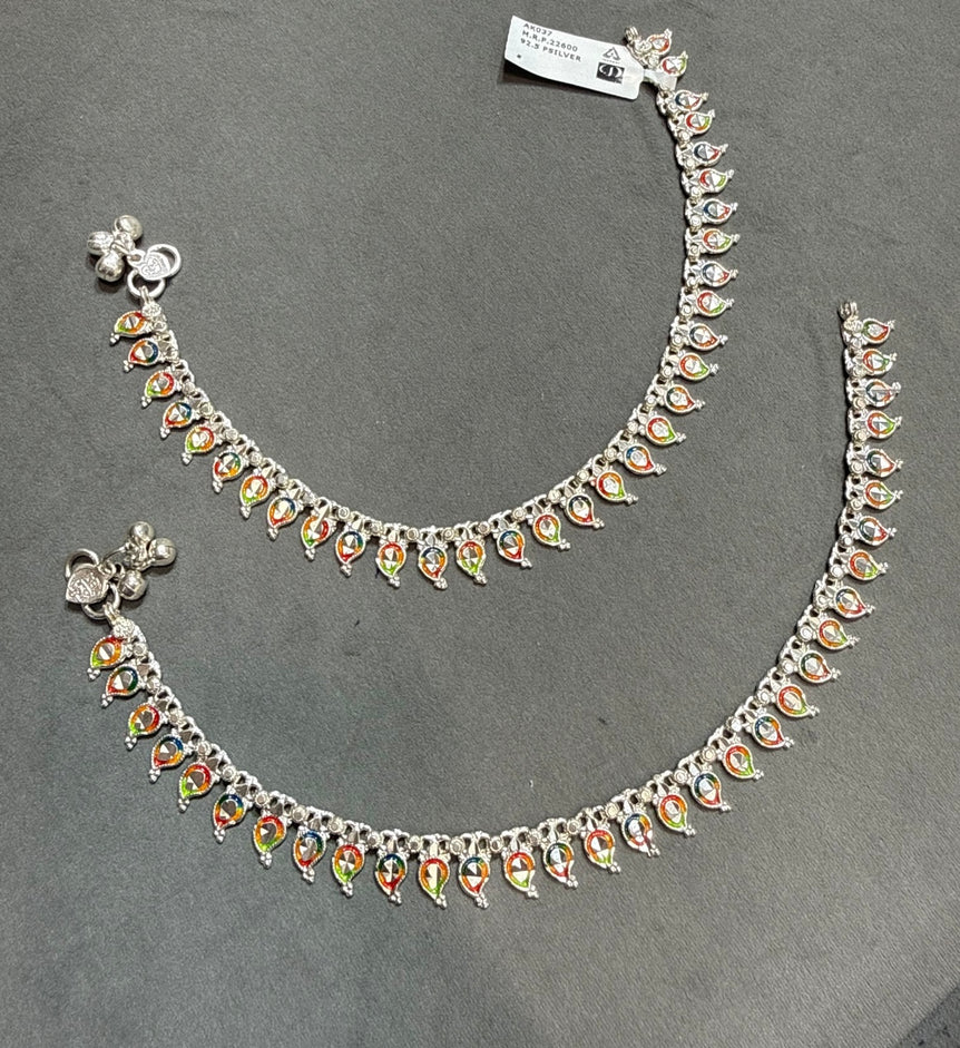 Traditional Meenakari Paisley Silver Anklet Pair