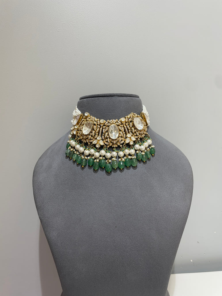 Vintage Emerald & Pearl Moissanite Polki Choker
