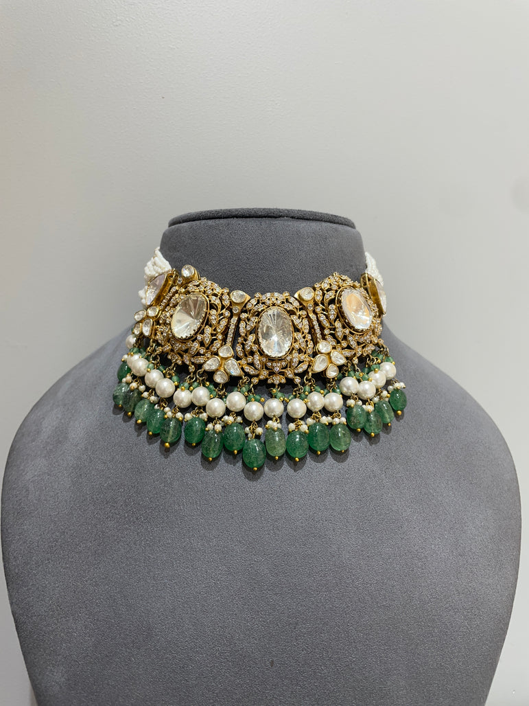 Vintage Emerald & Pearl Moissanite Polki Choker