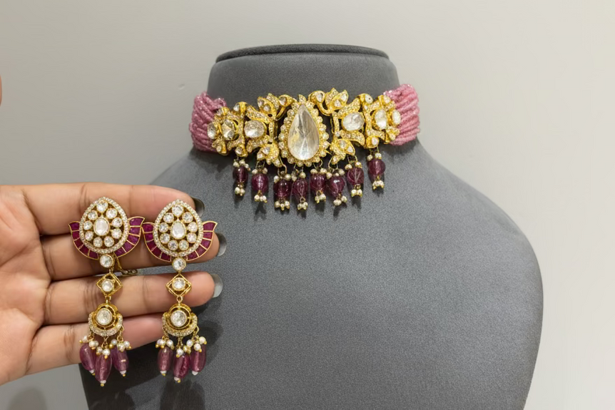 Pear-Cut Polki Choker with Pink Choker