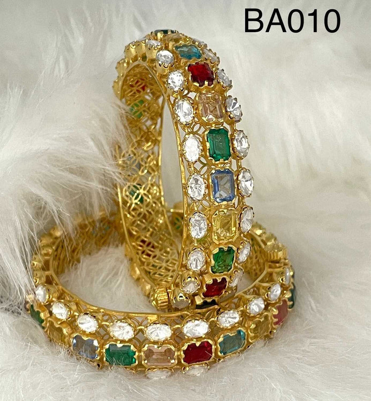 NAVRATTAN PURE SILVER POLKI BANGLE | 22KT GOLD PLATED ( 1 PAIR ) - Olivearajewels