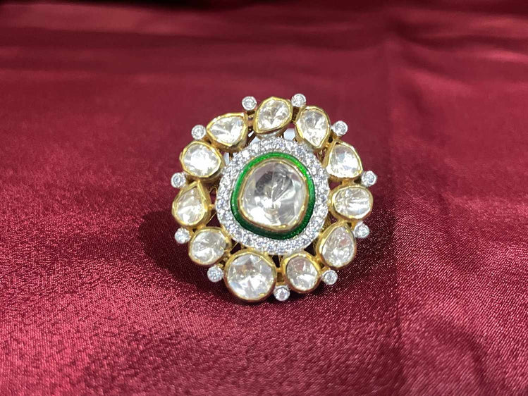 POLKI RING WITH GREEN MEENA WORK - Olivearajewels