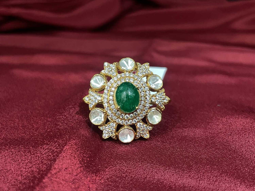 ELEGANT POLKI RING WITH DARK GREEN STONE - Olivearajewels