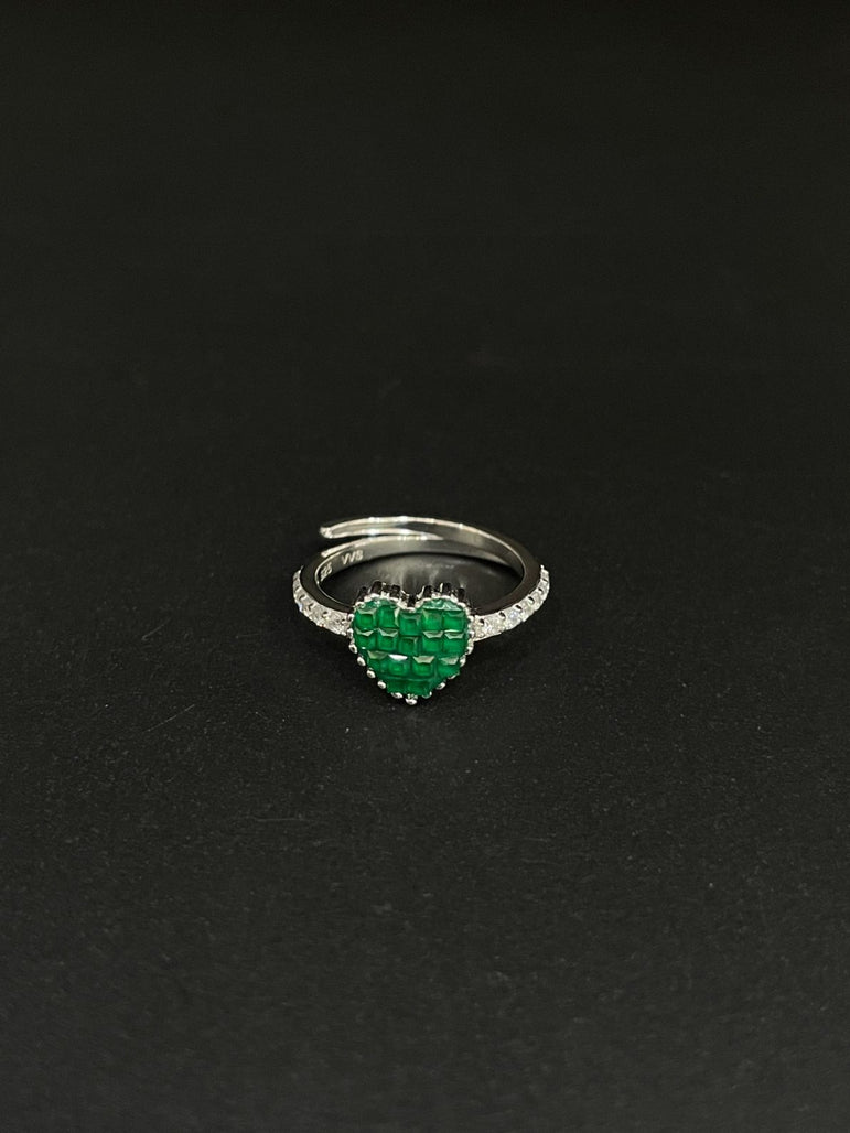 HEART SHAPE GREEN STONE PURE SILVER RING - Olivearajewels