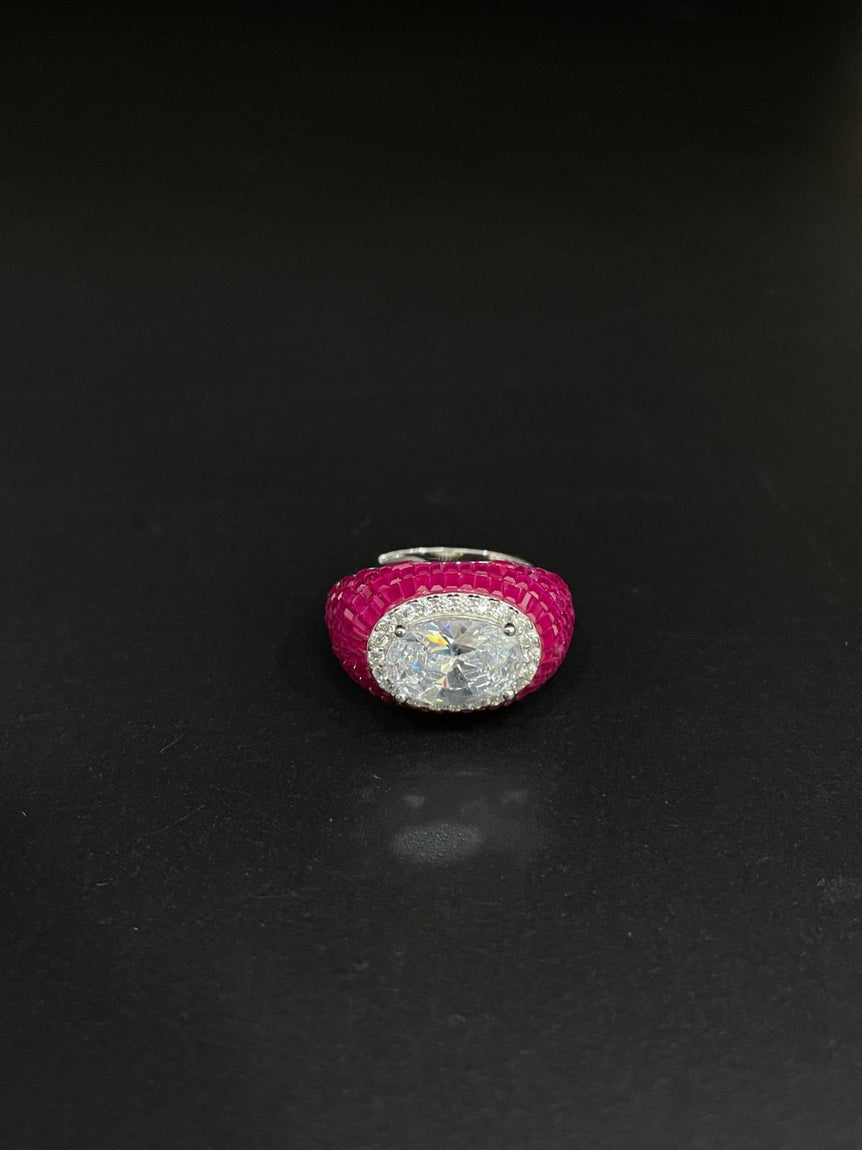 PRETTY PINK COLOR WITH A BIG DIAMOND PURE SILVER RING - Olivearajewels