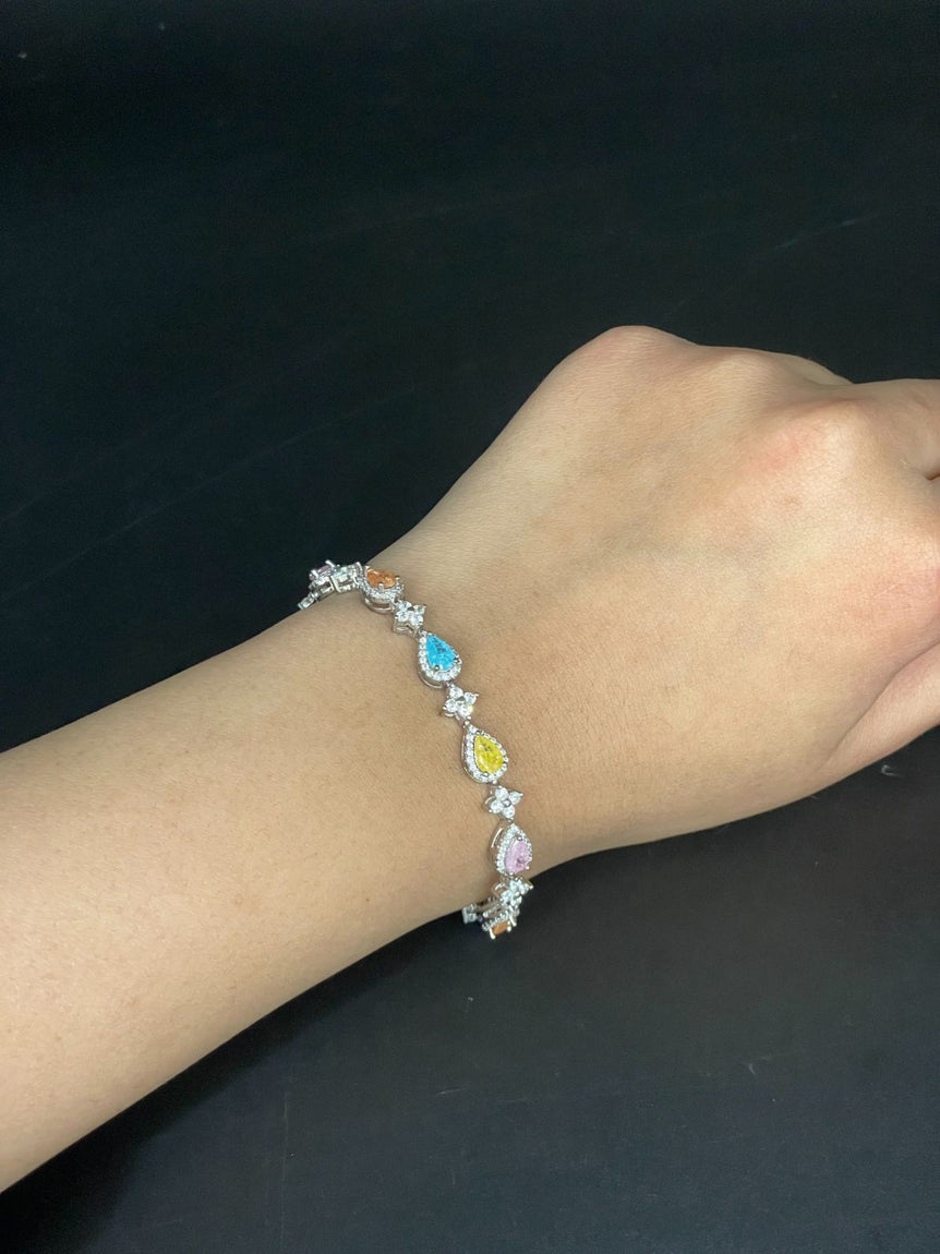 COLORFUL PEAR SHAPED DIAMONDS PURE SILVER BRACELET - Olivearajewels