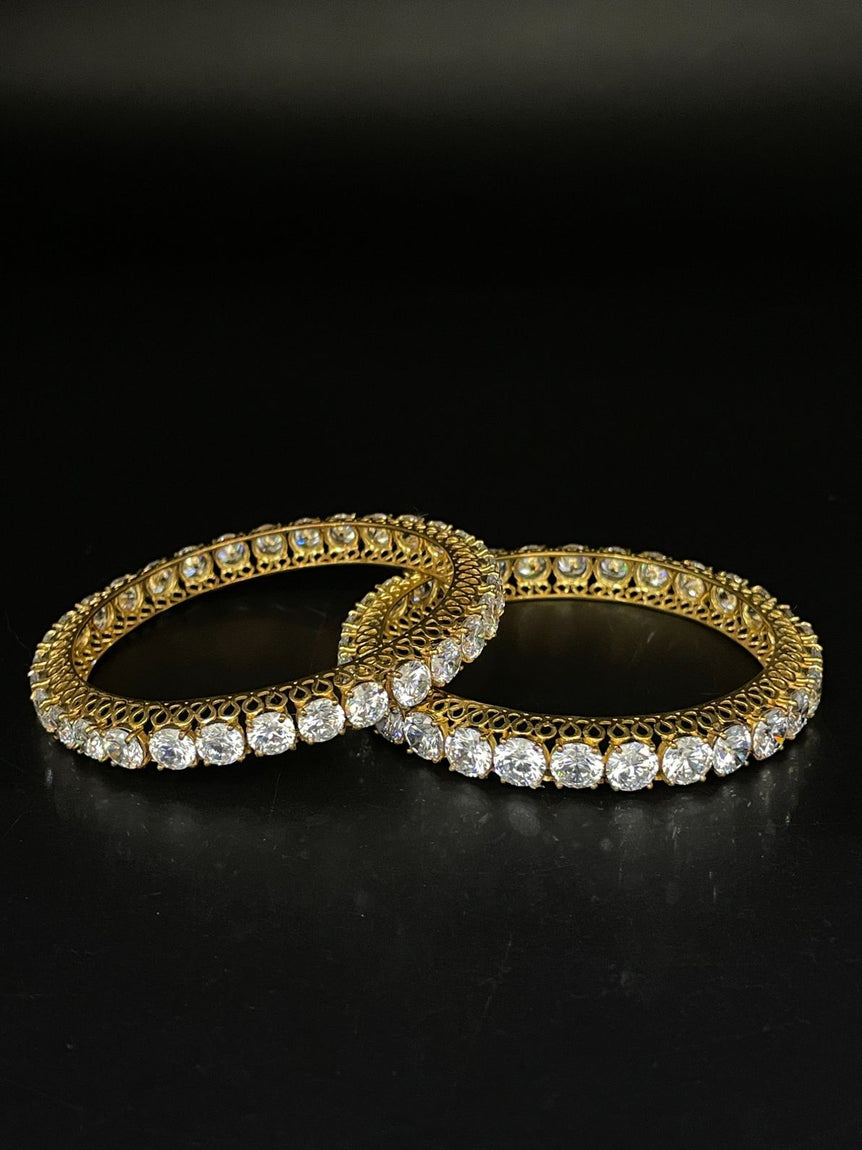 SINGLE LINE DIAMOND SOLITAIRE PURE SILVER BANGLE | 22KT GOLD PLATED ( 1 PAIR ) - Olivearajewels