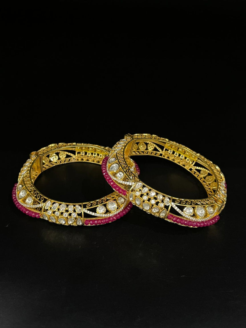 REAL LOOK PURE SILVER POLKI BANGLE WITH PINK BEADS | 22KT GOLD PLATED ( 1 PAIR ) - Olivearajewels