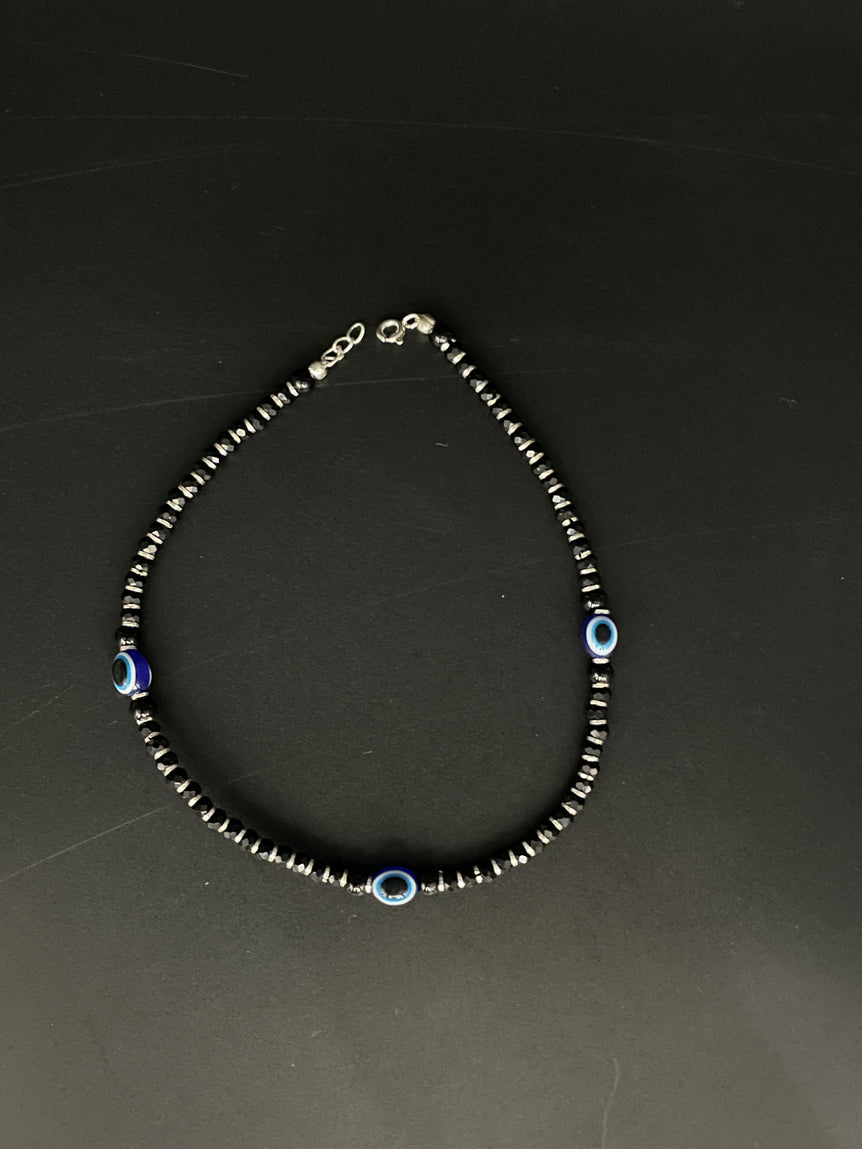 3 EVIL EYE PURE SILVER ANKLET WITH BLACK BEADS - Olivearajewels