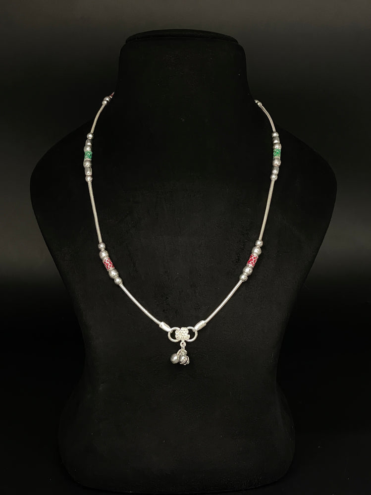 RED AND GREEN COLOR WORK PURE SILVER ANKLET ( 1 PAIR ) - Olivearajewels