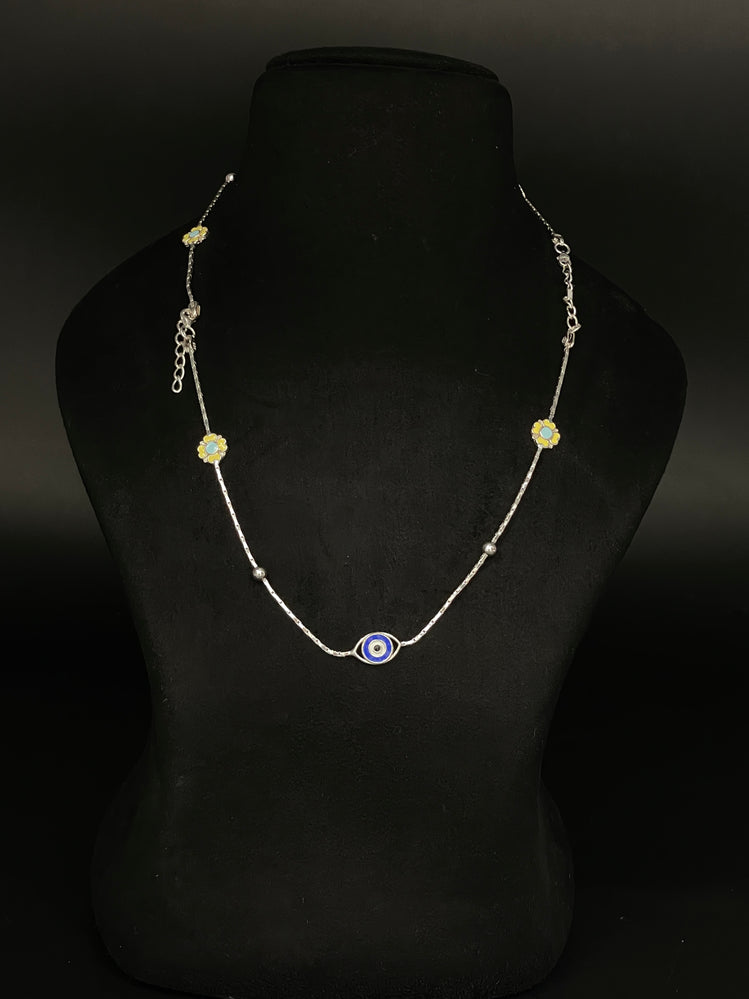 BEAUTIFUL EYE EVIL AND YELLOW FLOWER WORK PURE SILVER ANKLET ( 1 PAIR ) - Olivearajewels