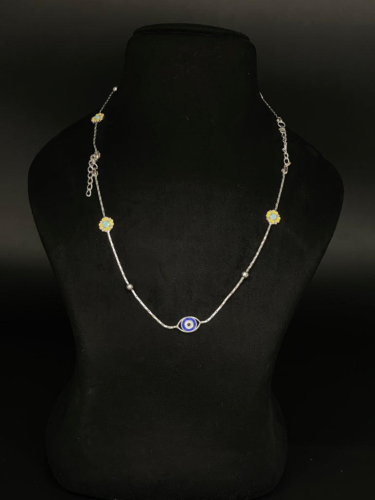 BEAUTIFUL EYE EVIL AND YELLOW FLOWER WORK PURE SILVER ANKLET ( 1 PAIR ) - Olivearajewels