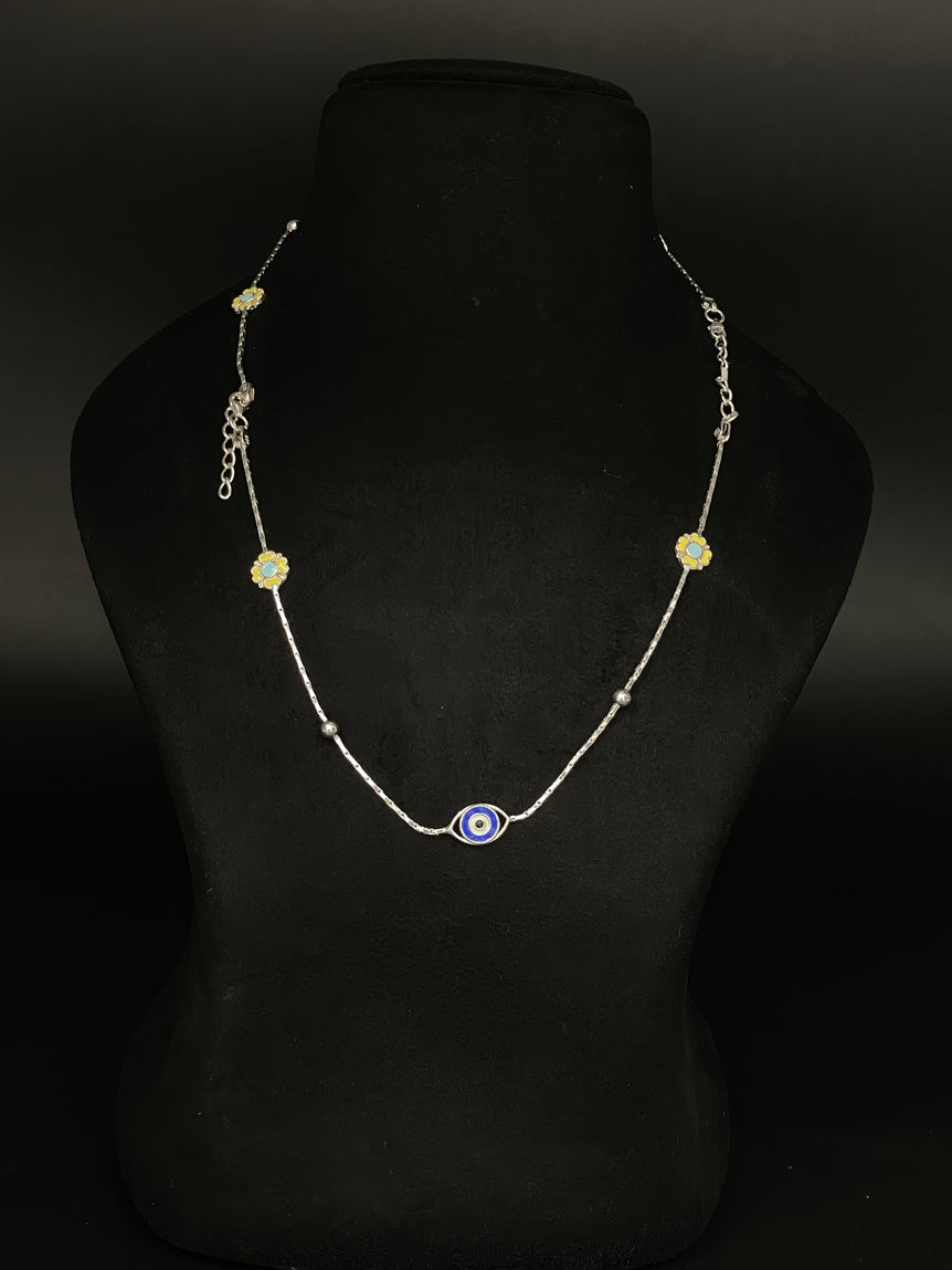 BEAUTIFUL EYE EVIL AND YELLOW FLOWER WORK PURE SILVER ANKLET ( 1 PAIR ) - Olivearajewels