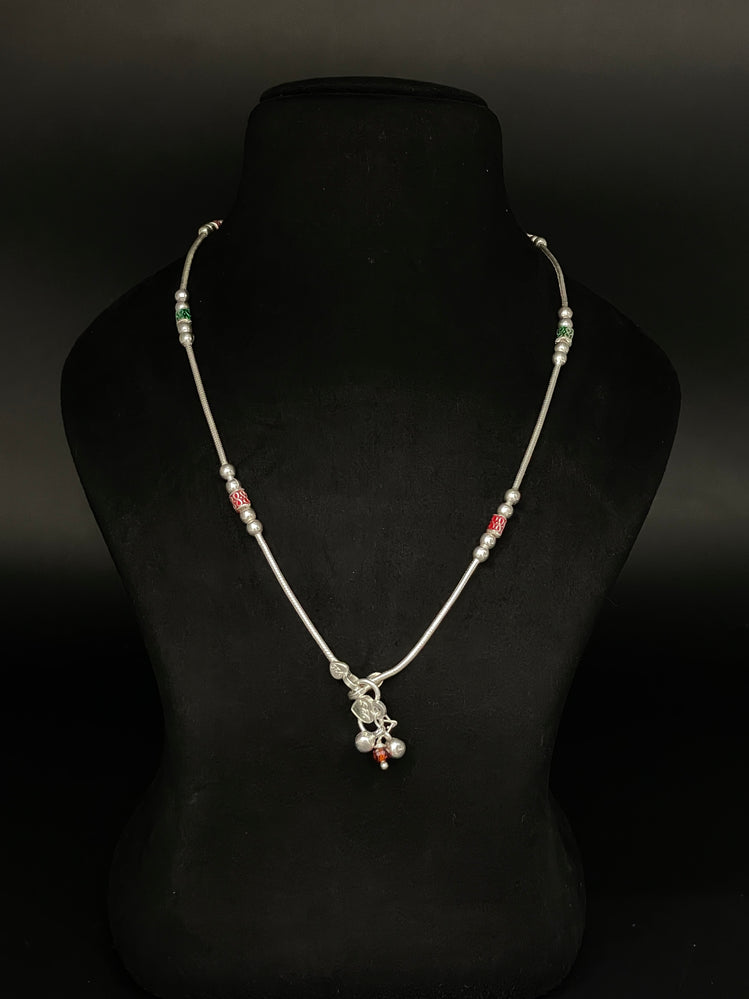 GREEN AND RED COLOR WORK PURE SILVER ANKLET ( 1 PAIR ) - Olivearajewels