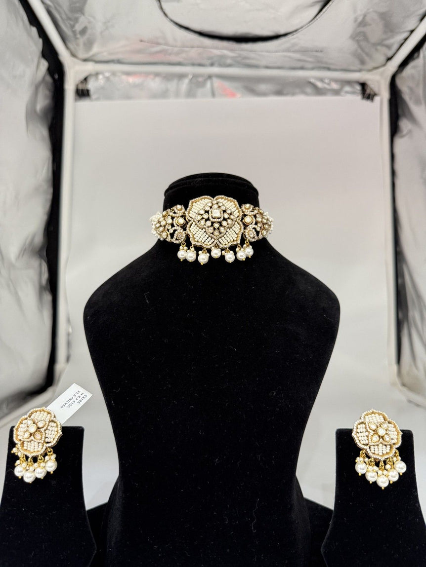 BEAUTIFUL WHITE COLOR PURE SILVER CHOKER SET WITH PEARLS - Olivearajewels