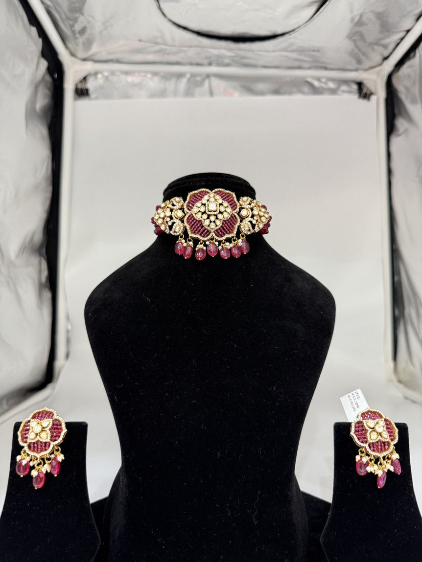 BEAUTIFUL PINK WORK DETAILING PURE SILVER CHOKER SET - Olivearajewels