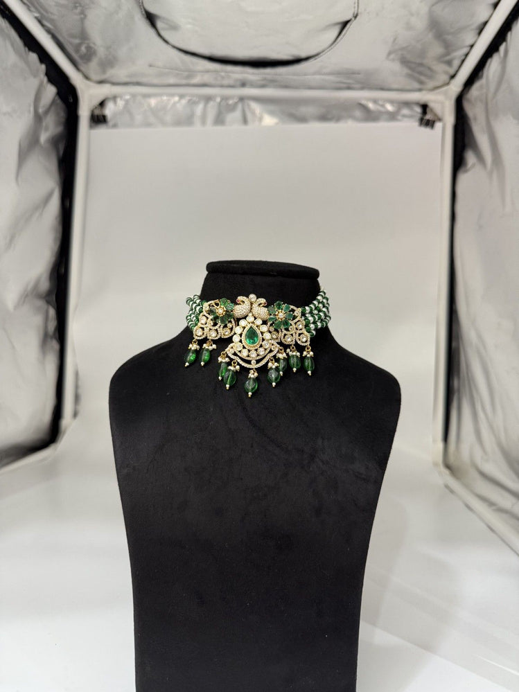 BEAUTIFUL GREEN COLOR PEACOCK DESIGN POLKI CHOKER WITHOUT EARRINGS - Olivearajewels