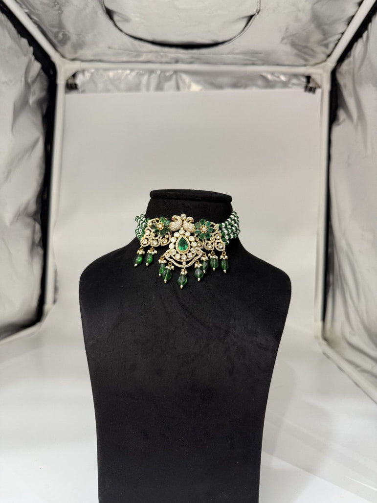 BEAUTIFUL GREEN COLOR PEACOCK DESIGN POLKI CHOKER WITHOUT EARRINGS - Olivearajewels