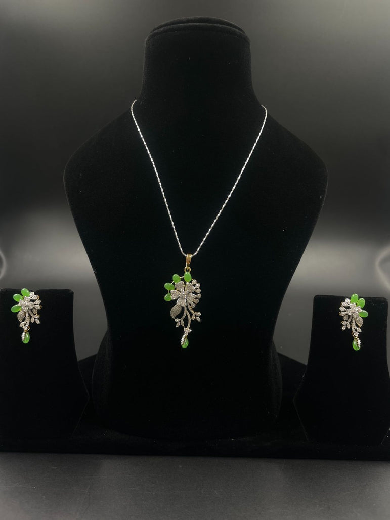DESIGNER GREEN FLOWER PURE SILVER PENDANT SET WITHOUT CHAIN - Olivearajewels